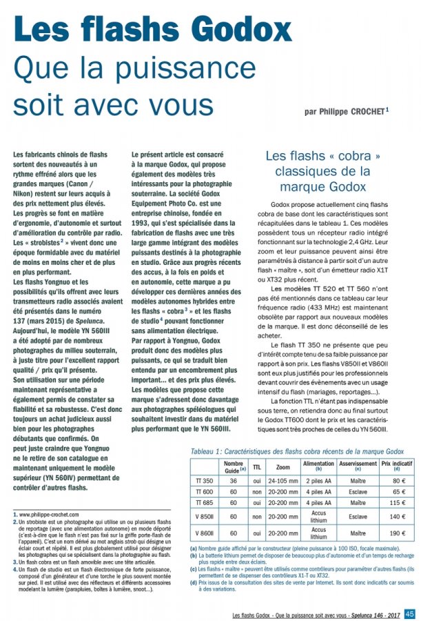 <p>Spelunca n°146 (juin 2017) - Les flashs Godox : que la puissance soit avec vous</p>