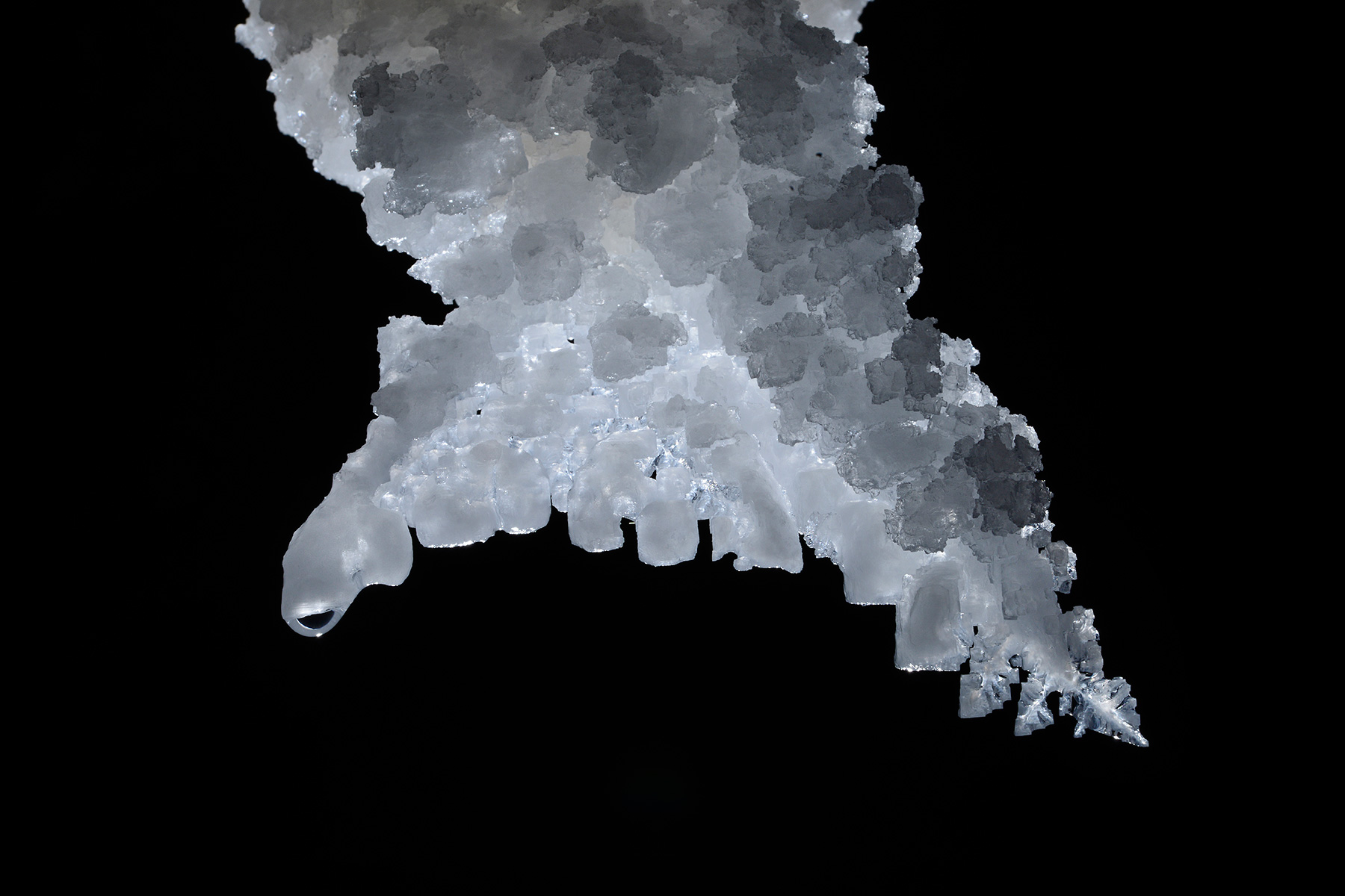 3N Cave(Namakdan, Qeshm, Iran) - Extrémité d'une stalactite de sel avec cristaux de halite