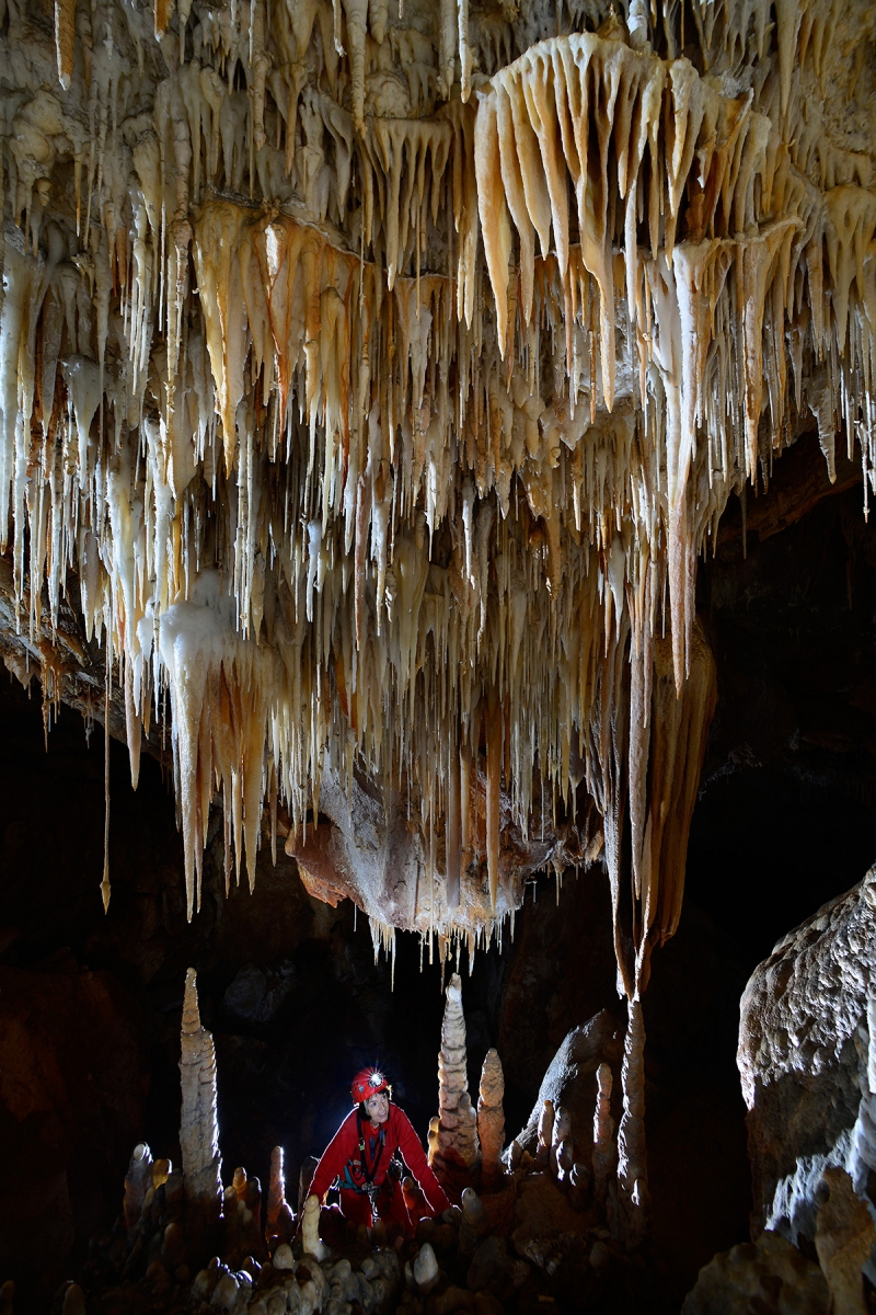 Avenc Canal de Comafreda (Majorque, Baléares, Espagne) - Ensemble concrétionné avec stalactites, stalagmites et disque