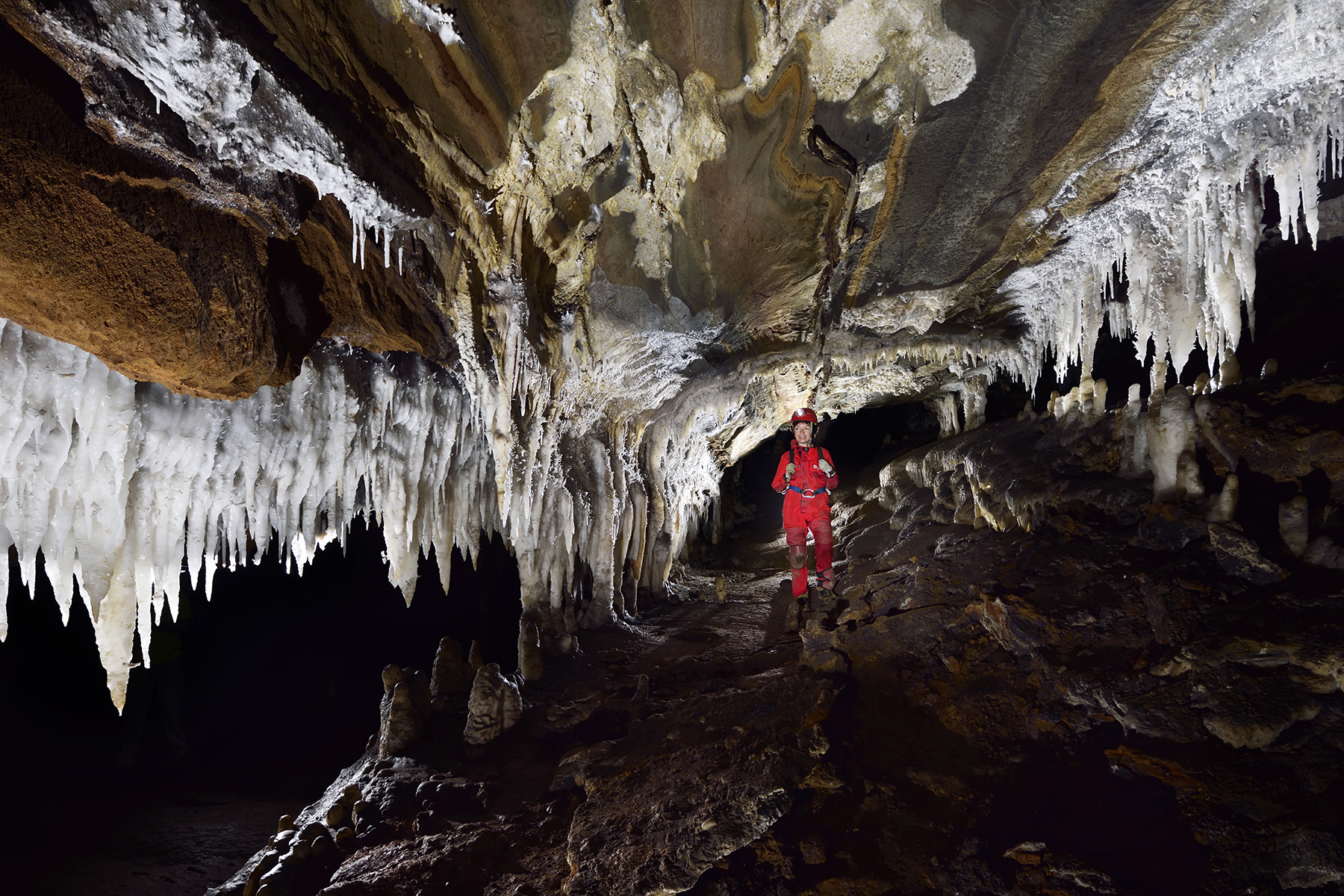 Caverna de Santana (Iporanga, Sao Paulo) - Spéléo progressant dans une galerie bordée par des stalactites blanches.
