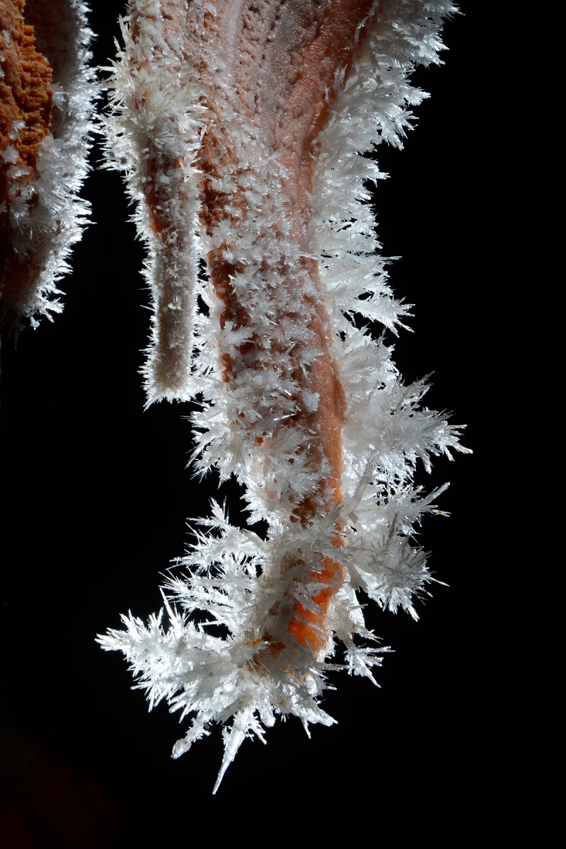 Grotte de Clamouse - Stalactite massive "tordue" couverte de gros cristaux d'aragnite