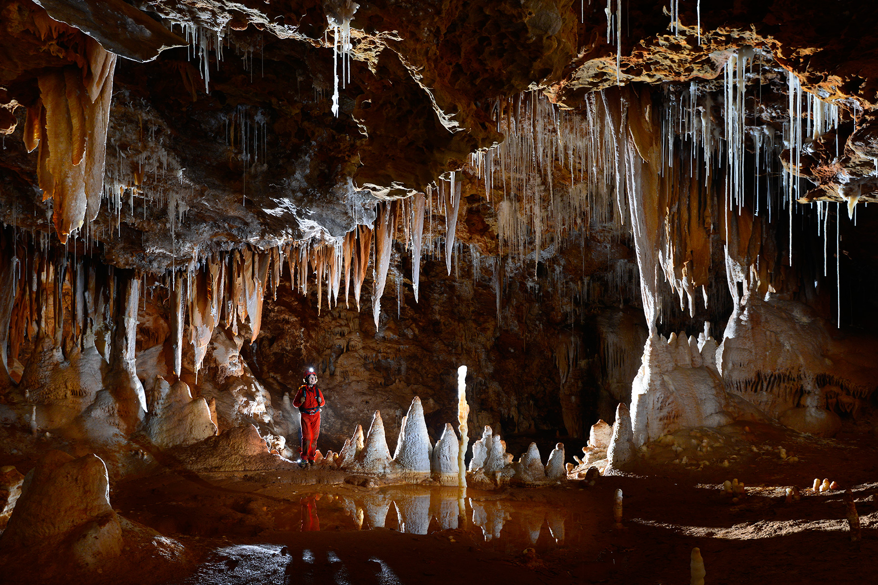Grotte de Clamouse - Fenêtre dans un ensemble de piliers, stalagmites et stalactites massives (la mâchoire) avec spéléo sur le côté.
