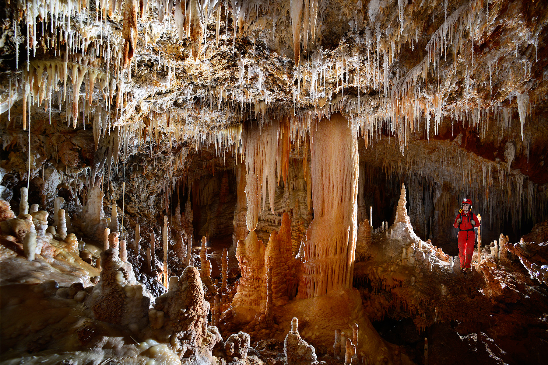 Grotte de Clamouse : Galerie concrétionnée avec gros pilier au centre (spéléo perché sur le côté).