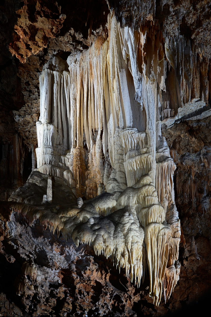 Grotte de Clamouse (partie aménagée) - L'orgue blanc (grande concrétion de coulées et stalactites massives très blanches)