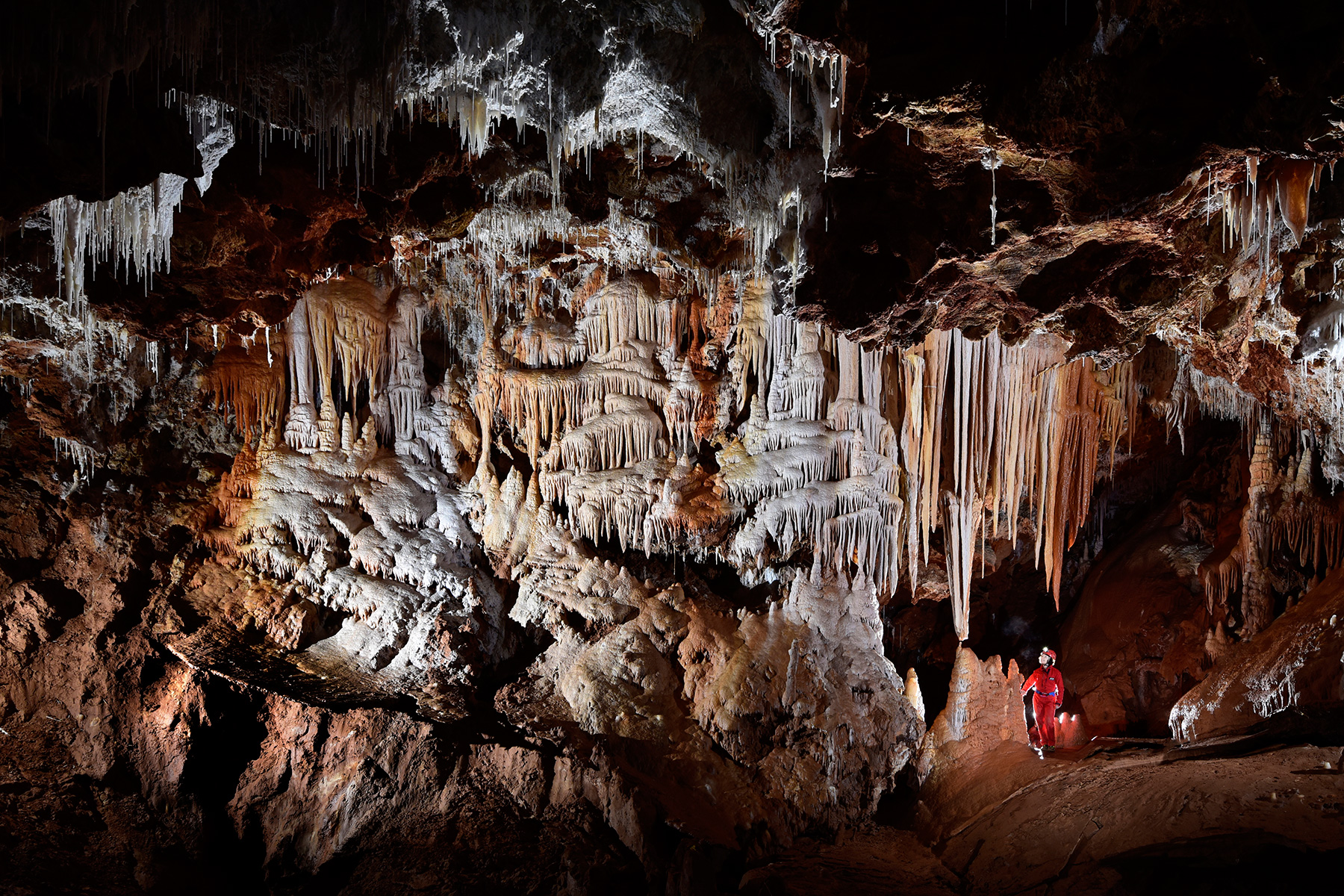Grotte de Clamouse - Salle avec paroi couverte de coulées de calcite et de stalactites (spéléo débouchant d'une galerie)