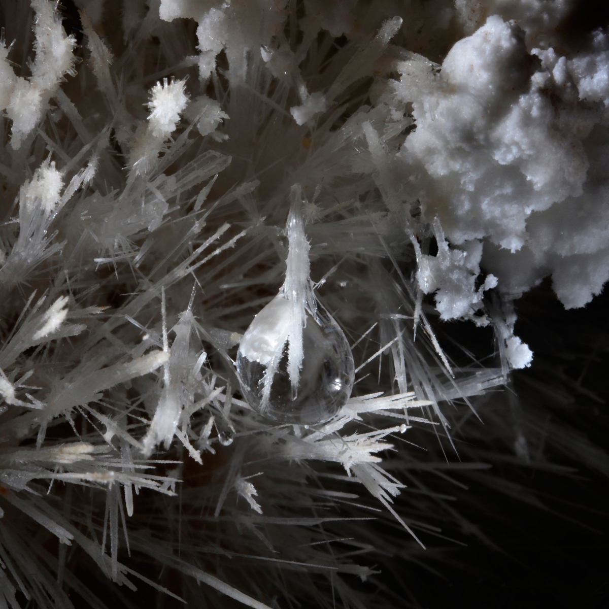 Grotte de Clamouse -  Détail d'une petite goutte d'eau dans un bouquet d'aragonite