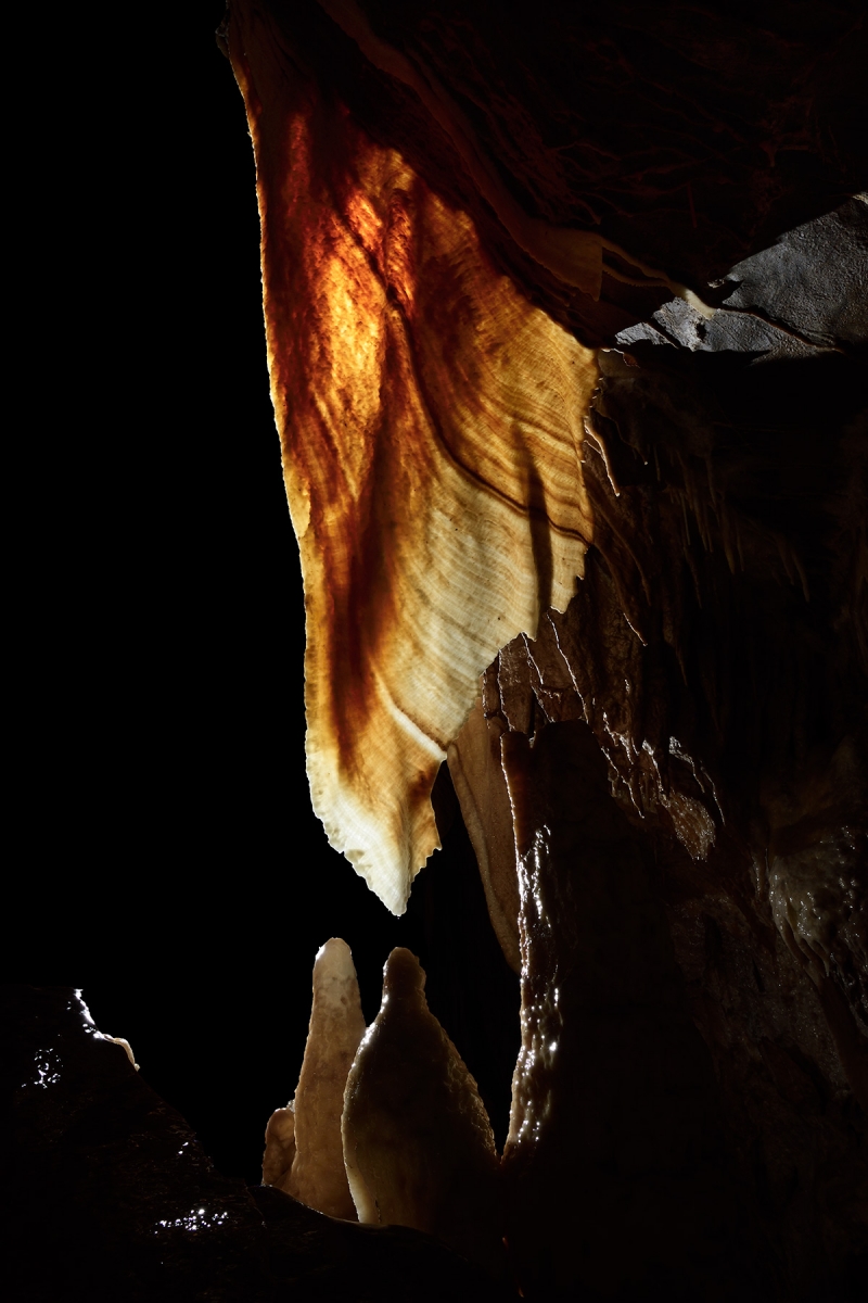 Grotte du Père Noël (système de Han-sur-Lesse, Belgique) - Grande draperie transparente.