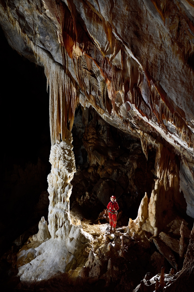 Grotte du Père Noël (système de Han-sur-Lesse, Belgique) - Grande colonne formée par la jonction d'une stalagmite et d'un disque.