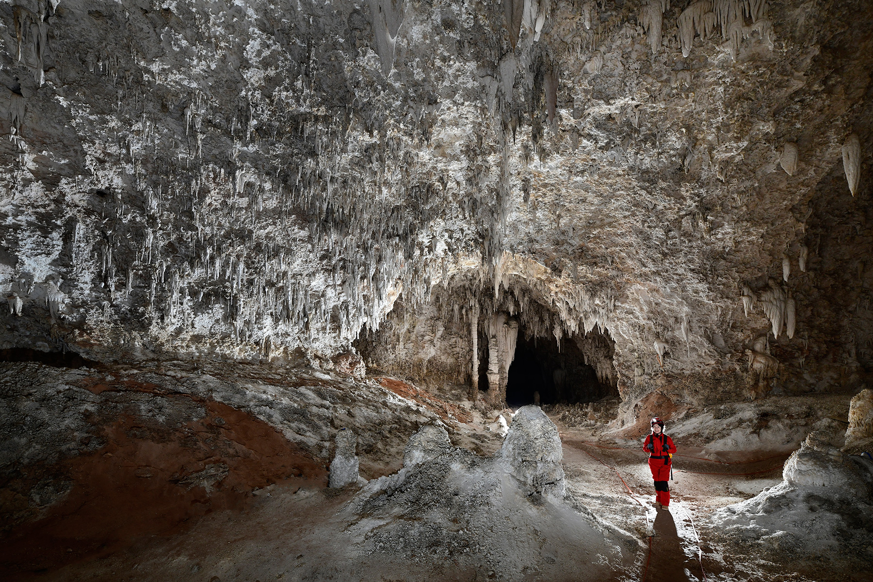Carlsbad Cavern Lower passage (USA - Nouveau Mexique) - Grande galerie avec concrétions grises sèches (personnage de face marchant dans le cheminement balisé).  