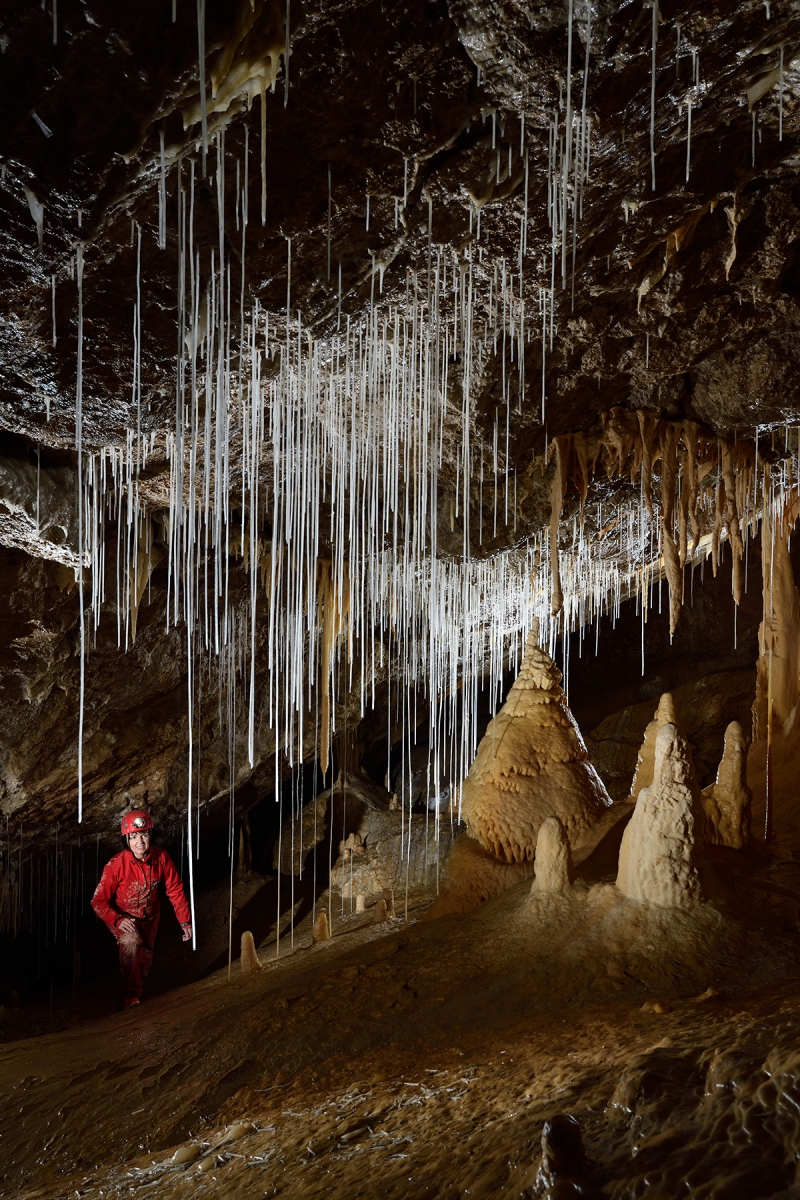 Grotte de Vallorbe (Suisse) - Salle des aiguilles : Spéléo au milieu des fistuleuses au début de la salle