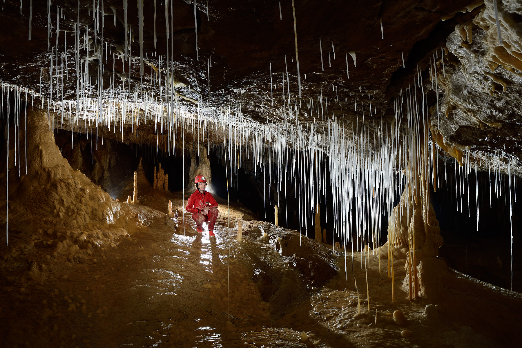 Grotte de Vallorbe (Suisse) - Salle des aiguilles : Spéléo au milieu des fistuleuses et des stalagmites sur un plancher de calcite 