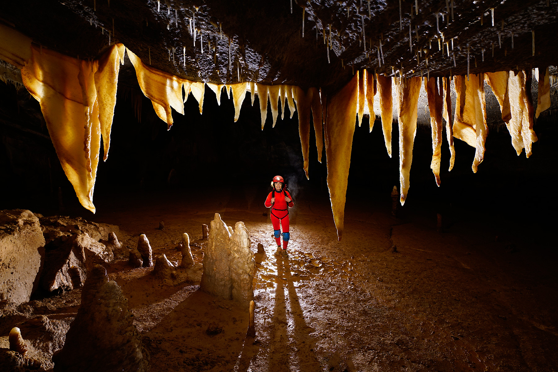Pestera Bulba (réseau supérieur) - Spéléo derrière un rideau de stalactites