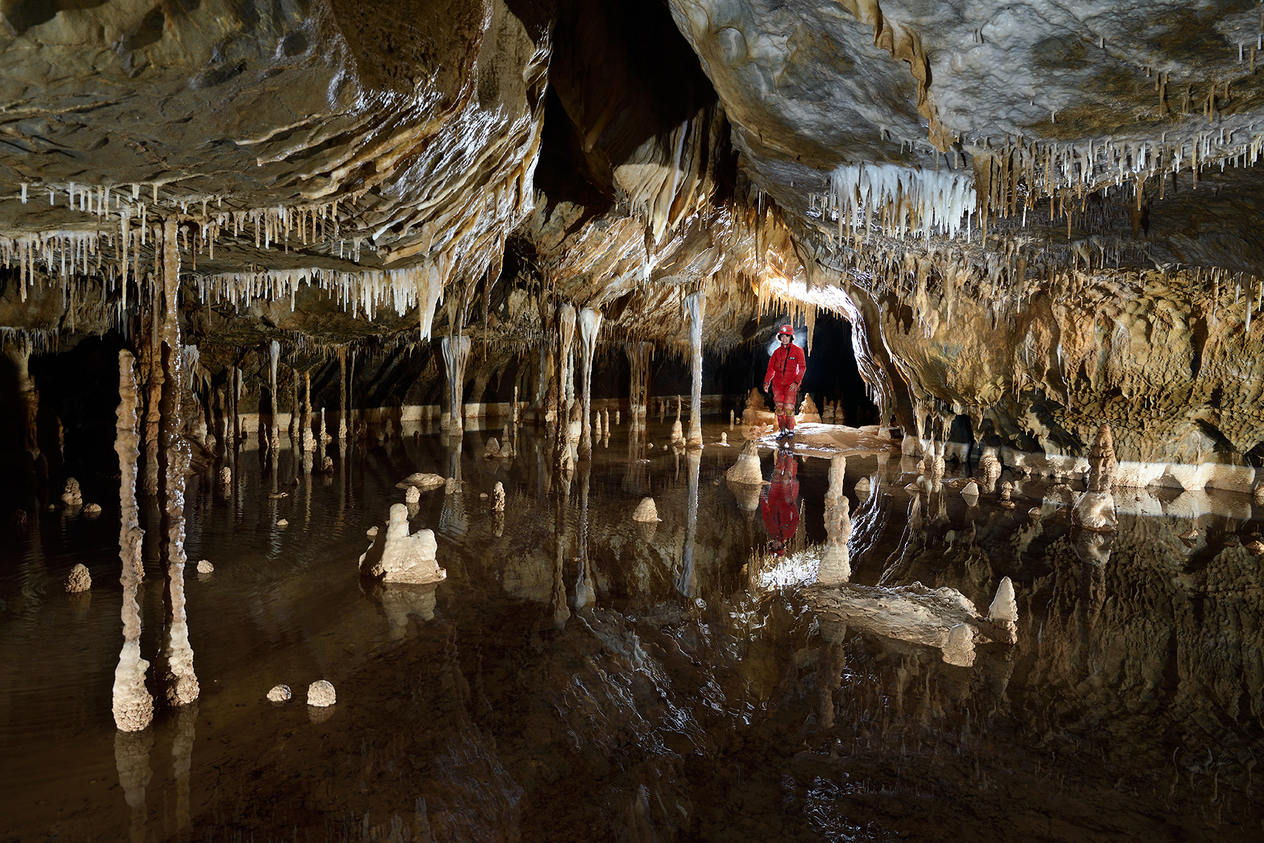 Pestera Epuran - Lac final avec colonnes et stalagmites se reflétant dans l'eau