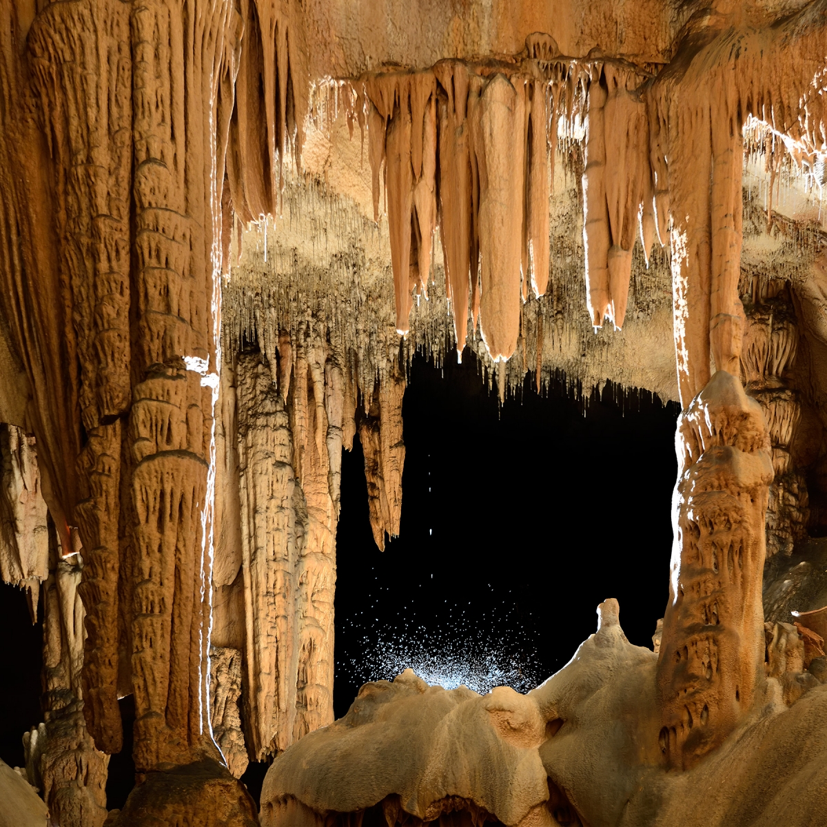Grotte de Saint-Marcel d'Ardèche (partie aménagée) - Gouttes d'eau éclatant sur des stalagmites (Le Panthéon)