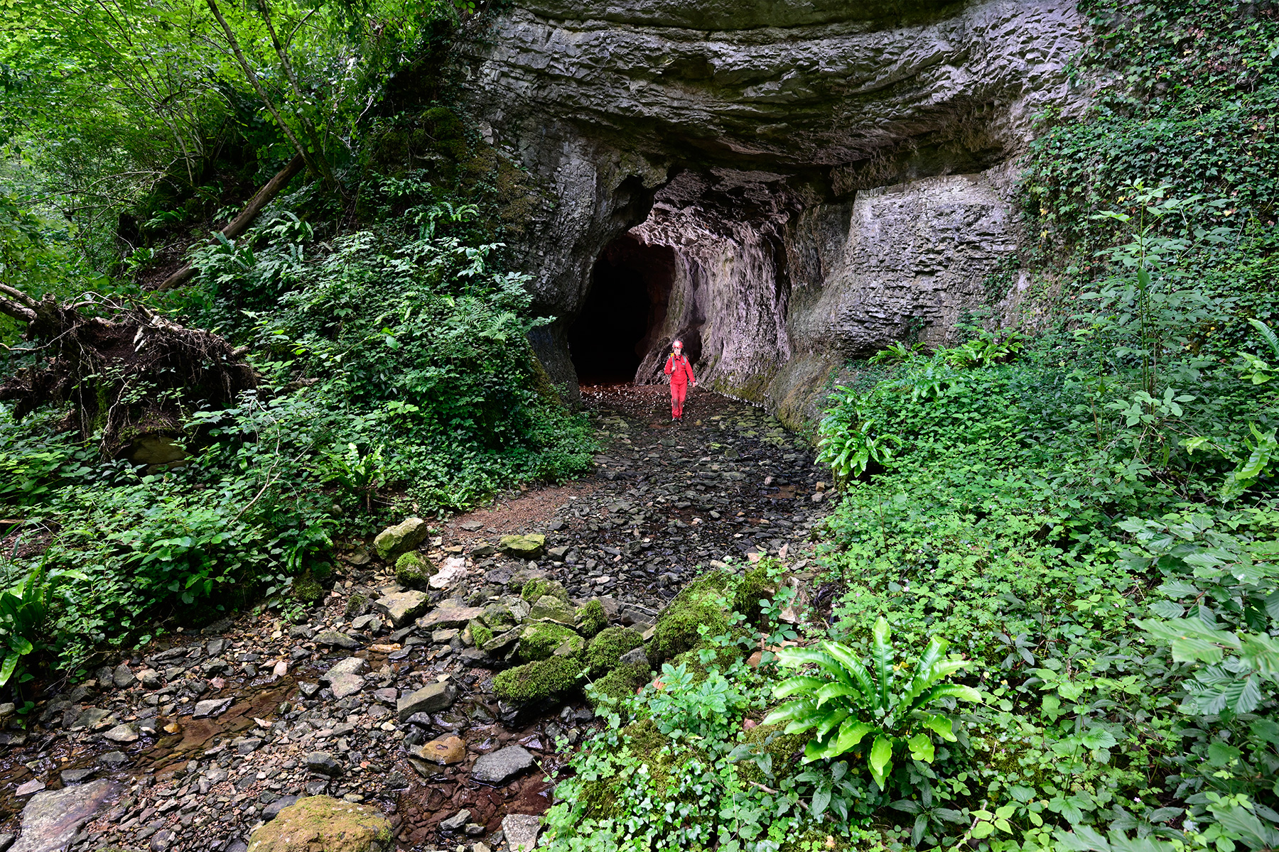 Grotte de Beune (Doubs) - Entrée vue de l'extérieur avec spéléo dans le porche