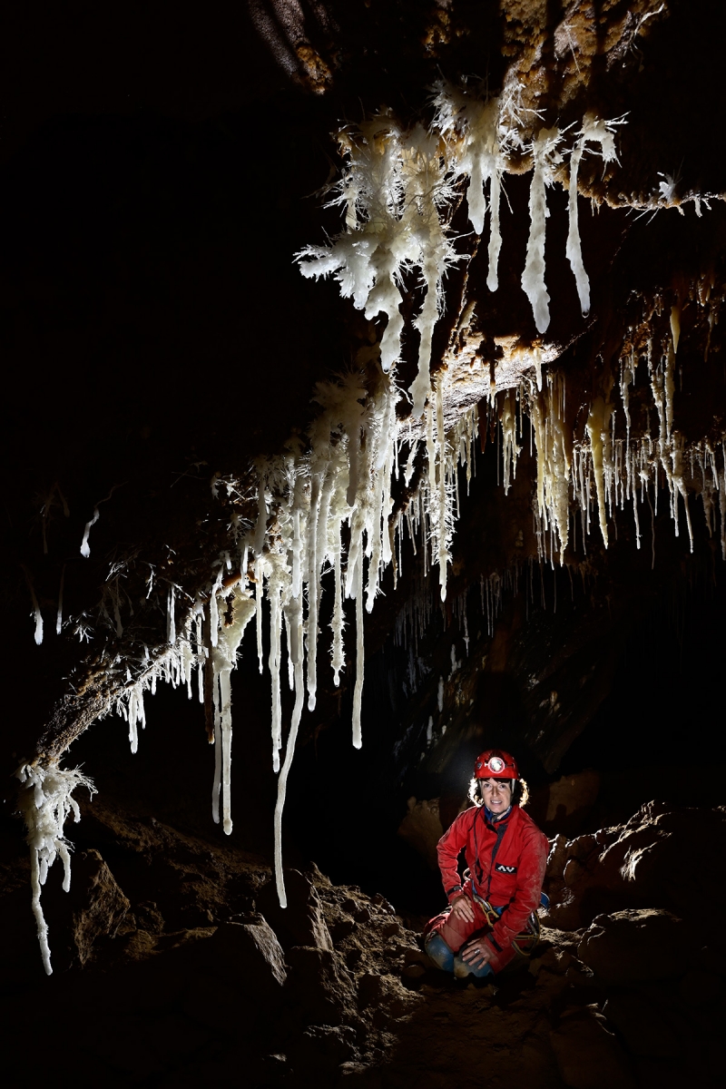 Grotte du Macoumé (Hérault) - Alcôve avec stalactites et excentriques d'aragonite (spéléo en arrière plan)