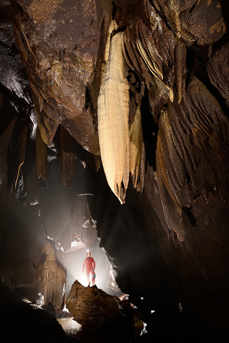 Grotte de Gonvillars (Haute(Saône) - Grande coulée jaune en forme de méduse au plafond d'une galerie avec spéléo en arrière plan en contre-jour