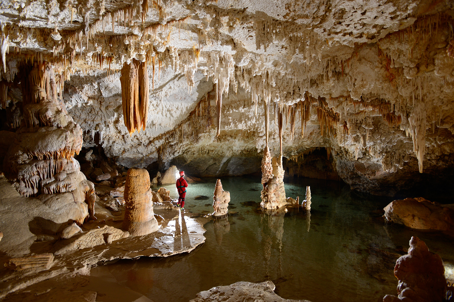 Cova de Na Mitjana (Majorque, Baléares, Espagne) - Grande salle concrétionnée avec un petit lac en relation avec la mer