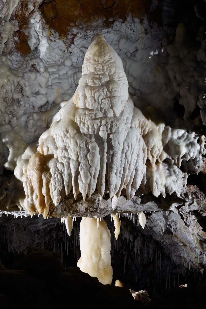 Grotte di Borgio Verezzi (Italie) - Stalagmite blanche sur un plancher calcifié
