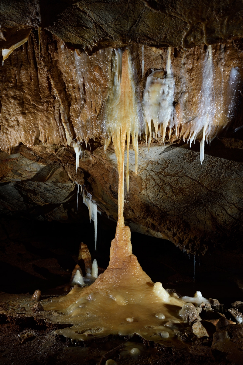 Tropfsteinhöhle (Allemagne) - Stalagtite et stalagmite jointives.