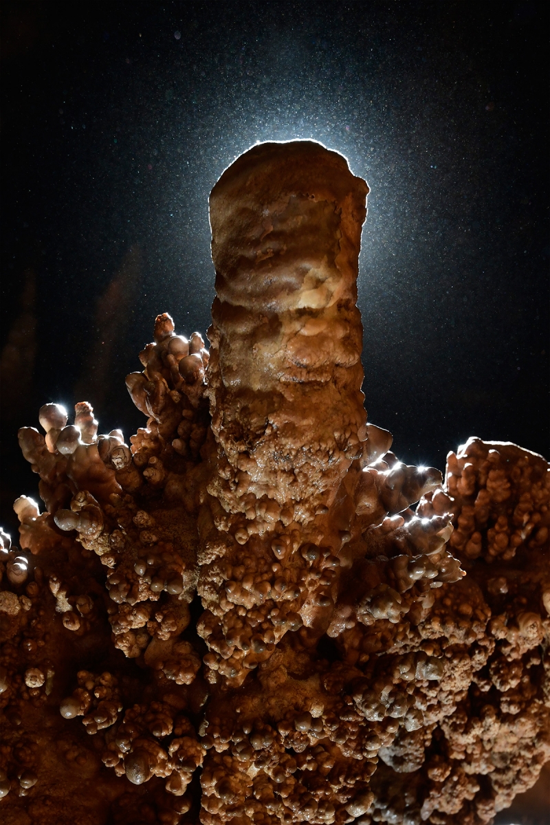 Cave Tree Cave (USA - Nouveau Mexique) - Stalagmite massive avec halo de contre-jour