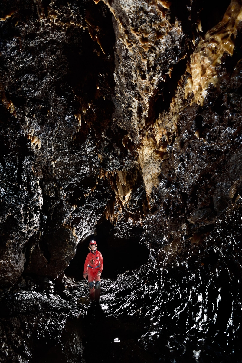 Grotte de Han (réseau Sud) - Galerie de l'Egout à l'étiage avec ses parois corrodées par l'eau