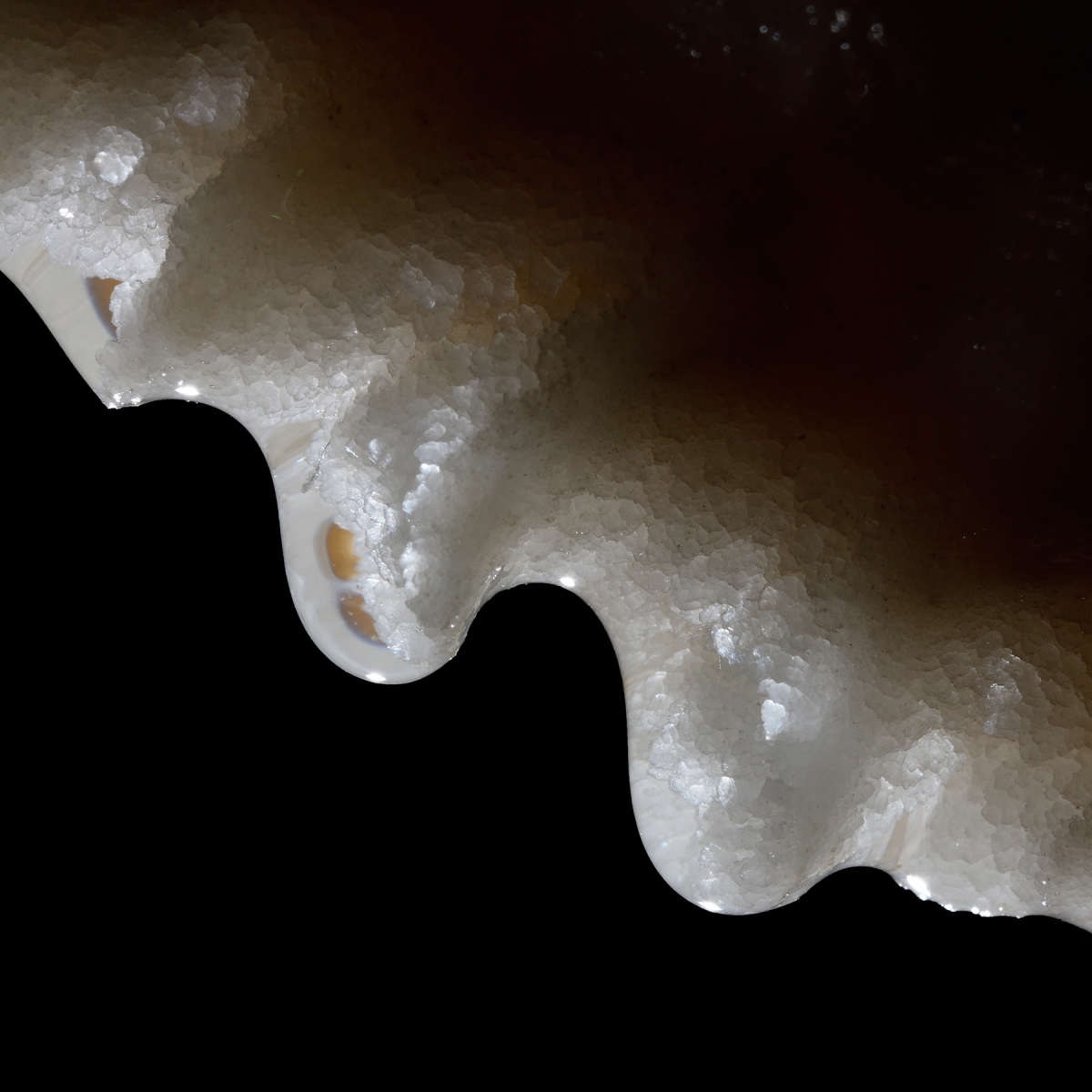 Grotte de Han (partie touristique) - Détail de cristaux de calcite frangeant une draperie (Galerie des Merveilleuses)