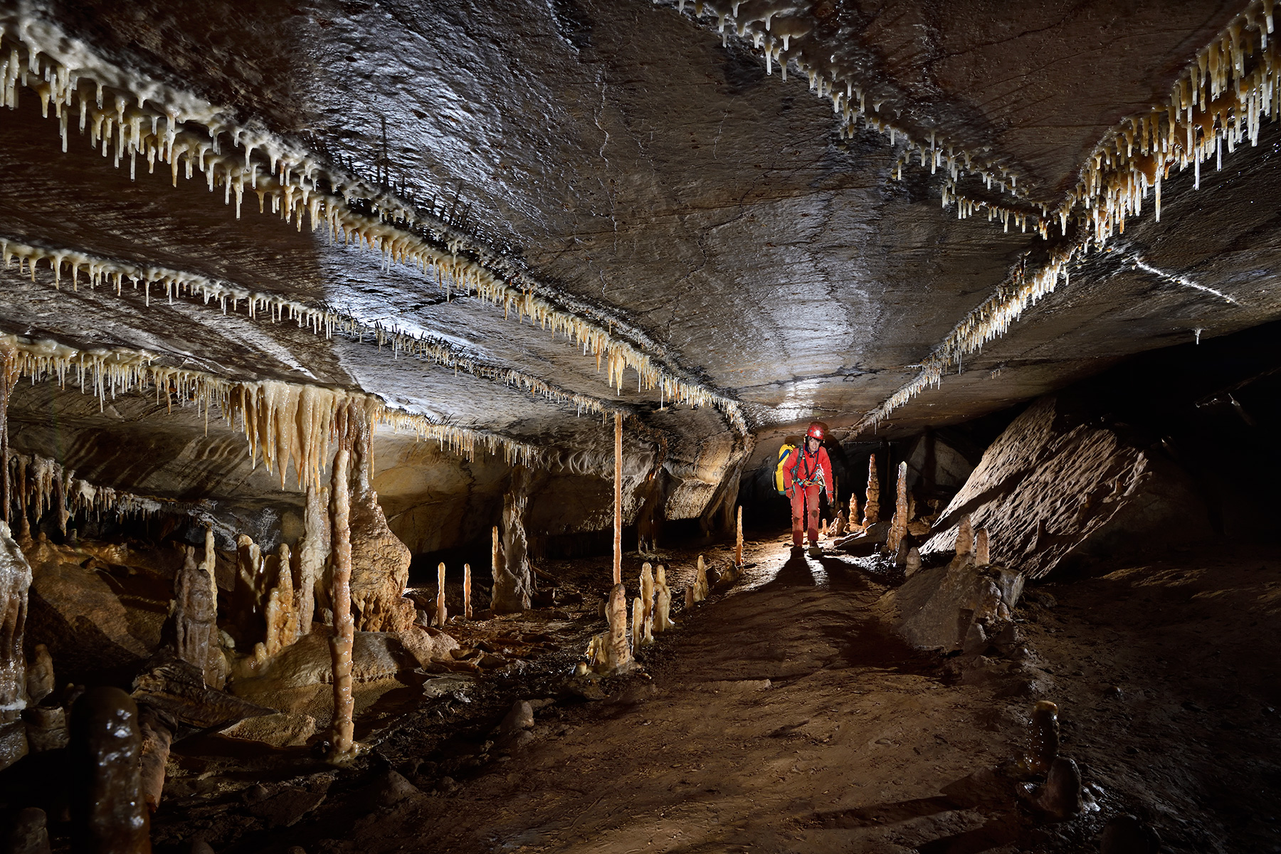 Grotte du Père Noël - Passage bas sous un plafond concrétionné avec un alignement de petites fistuleuses sur la fracturation