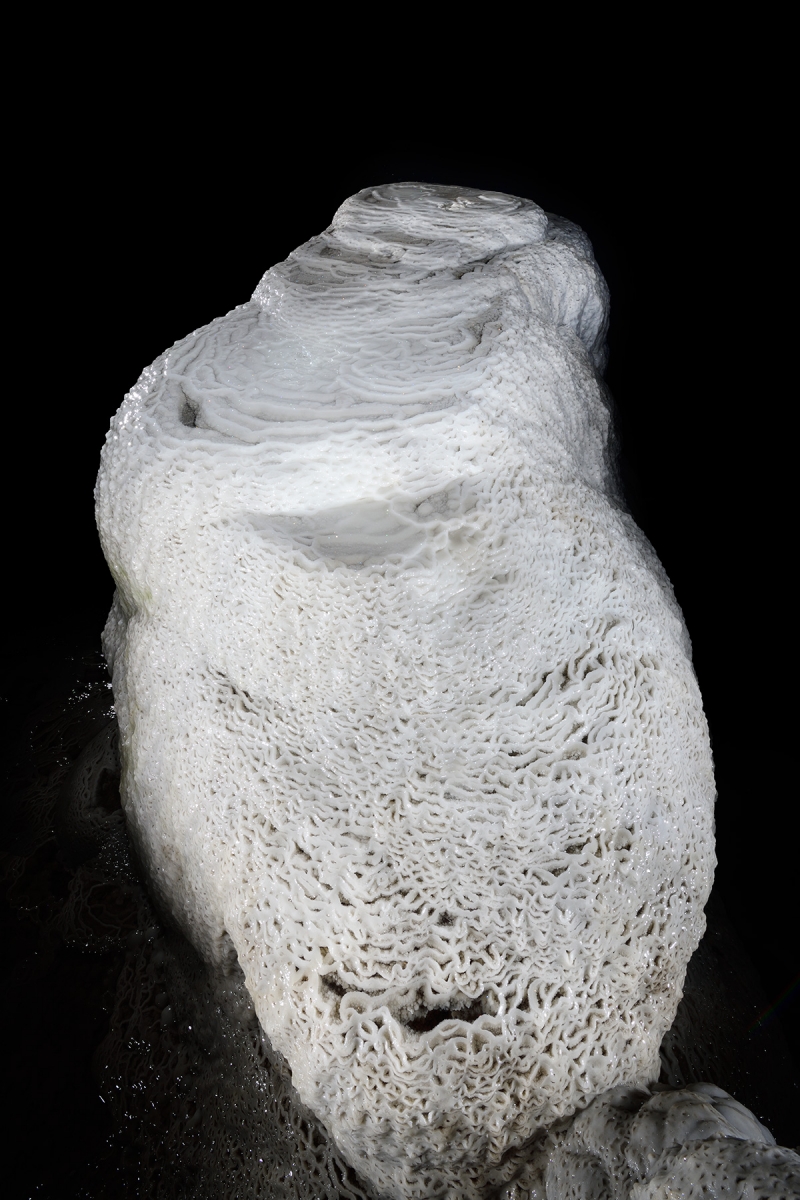 Grotte de Han (partie touristique) - Le Berceau de Proserpine : massif stalagmitique de calcite blanche couvert de microgours (Salle du Dôme)
