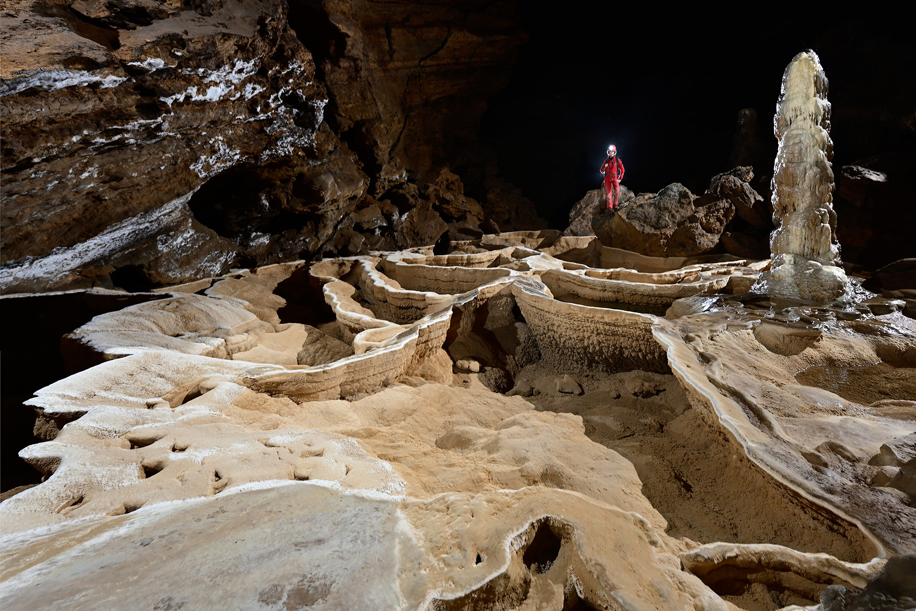 Grotte de Trabuc (Gard) - Salle des vasques avec ses gours blancs géants et sa grande stalagmite.