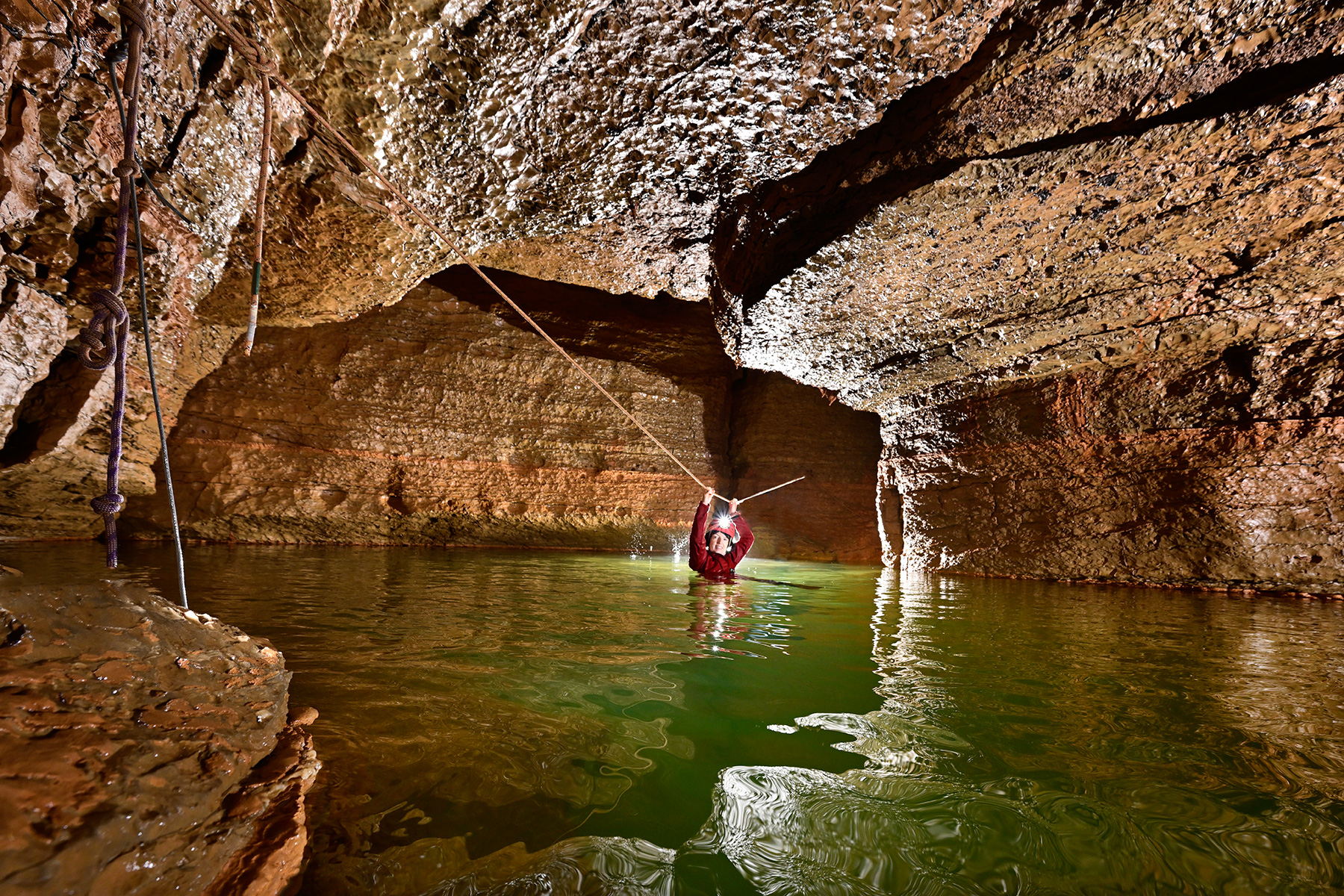 Grotte du Banquier (Hérault) - Passage de la laisse d'eau après le siphon S1.