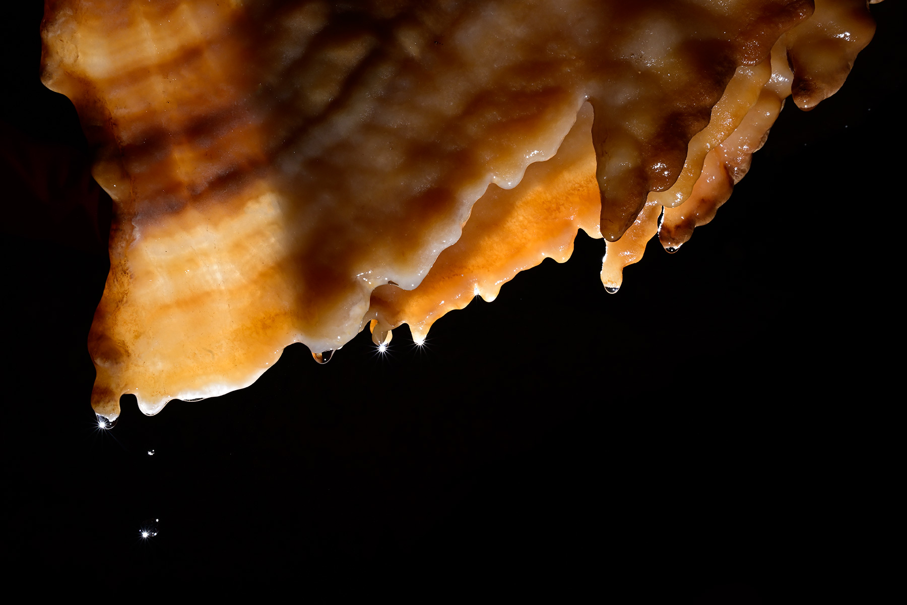 Grotte de l'Orquette (Hérault) - Gouttes d'eau sur une draperie