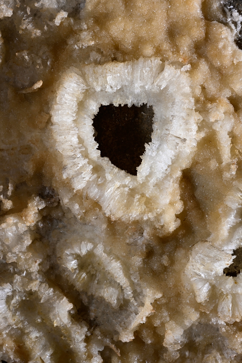 Rapps Cave (Virginie occidentale, USA) - Placage de gypse sur une paroi avec cristaux entourant un trou