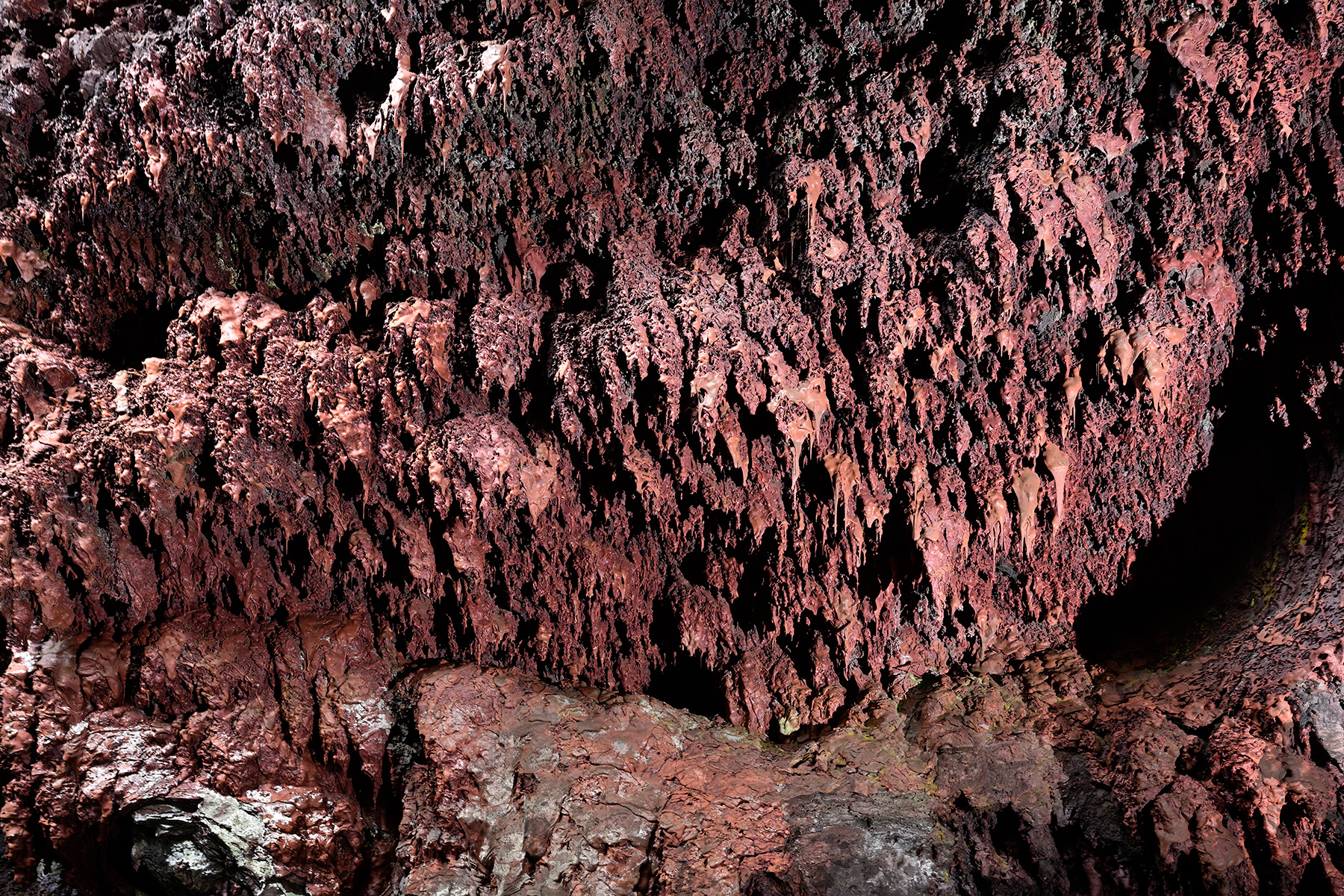 Tunnel de lave du Mapou (La Réunion) - Stalactites rouges qui se sont formées par égouttement de la lave dans le tunnel d'entrée