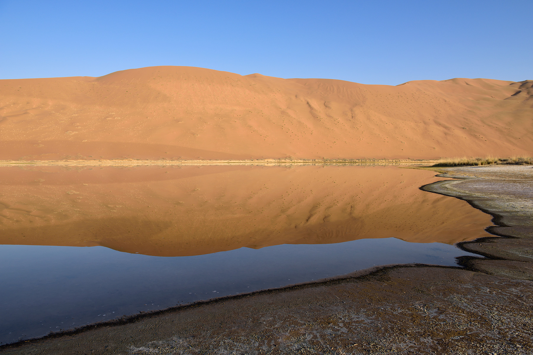 Désert du Badain Jaran (Chine, Mongolie Intérieure) - Lac de Suming Ji Ling au lever du soleil.