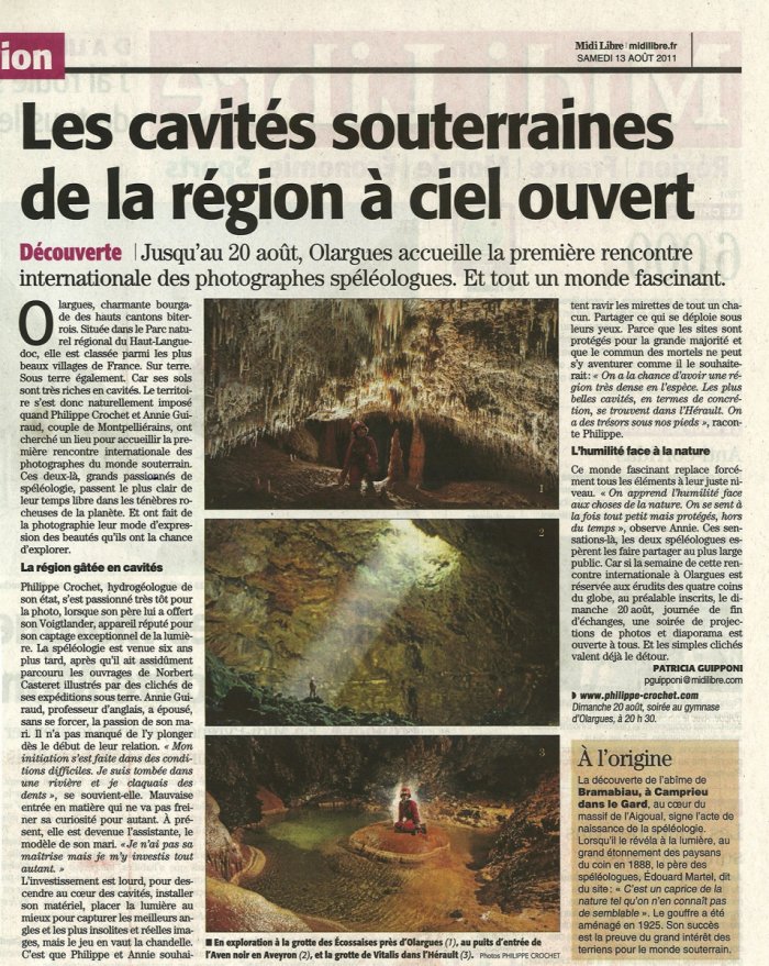 Des cavités souterraines de la région à ciel ouvert(Midi Libre 13 aout 2011)