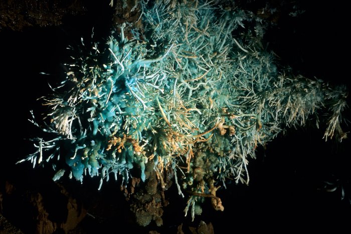 L'aven des Crozes dans l'Hérault présente des concrétions colorées (aragonites bleues) uniques en leur genre