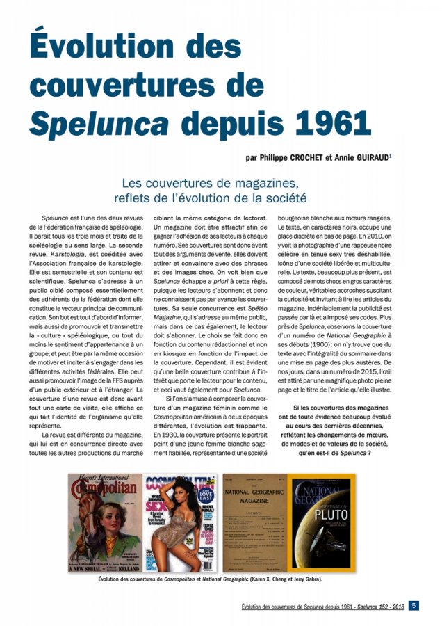 Spelunca n°152 (décembre 2018) : Evolution des couvertures de Spelunca depuis 1961