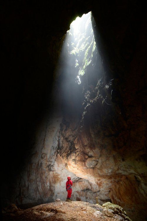 Aven d'Orgnac-Issirac - Spéléo à la base du puits d'entrée(SP-14-0057)