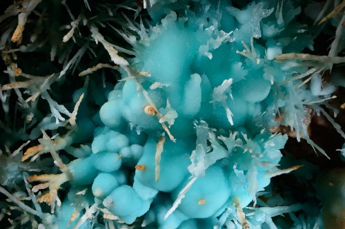 Aven des Crozes - Détail d'aragonite bleue (aiguilles et massive)(SP-14-0881)