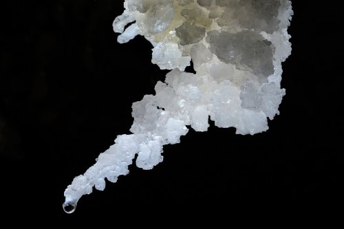 3N Cave(Namakdan, Qeshm, Iran) - Extrémité d'une stalactite de sel avec cristaux de halite(SP-15-0243)
