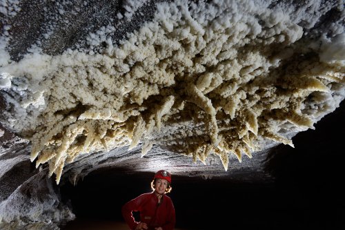3N Cave(Namakdan, Qeshm, Iran) - Stalactites de sel colorées en jaune au plafond(SP-15-0214)