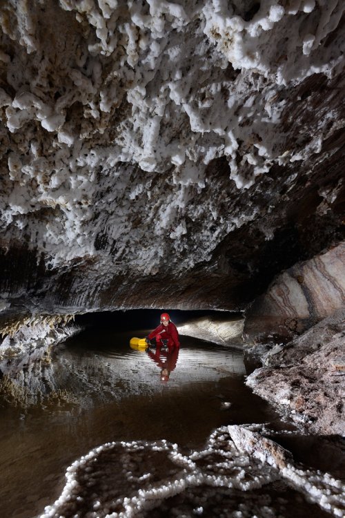 3N Cave(Namakdan, Qeshm, Iran) - Progression dans un passage bas avec formation de petits gours de sel dans la rivière (SP-15-0184)