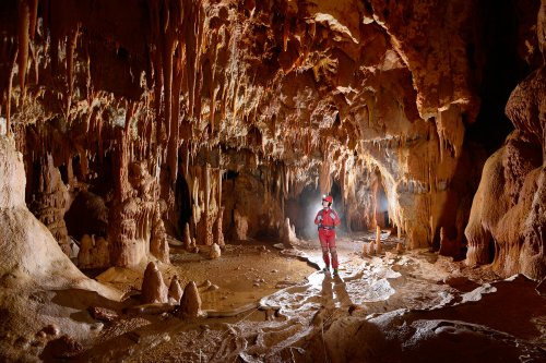 Grotte de la Toussaint (Gard) - Spéléos sur passage balisé dans une salle concrétionnée (SP-15-0392)