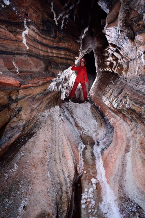 Shakhe Nabat Cave (Iran, dôme de sel de Dashti) : spéléo dans galerie avec couches de sel roses et rouges(SP-16-0157)