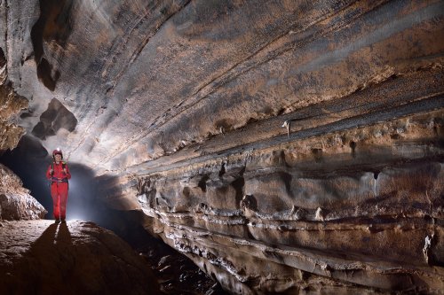 Gruta do Morro do Couto (Iporanga, Sao Paulo) - Spéléo dans galerie aux parois lisses avec strates colorées.(SP-16-0360)