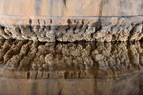 Otoska Jama (Slovénie) - cristaux de calcite dans un gour à la base d'une petite coulée de calcite(SP-17-0442)