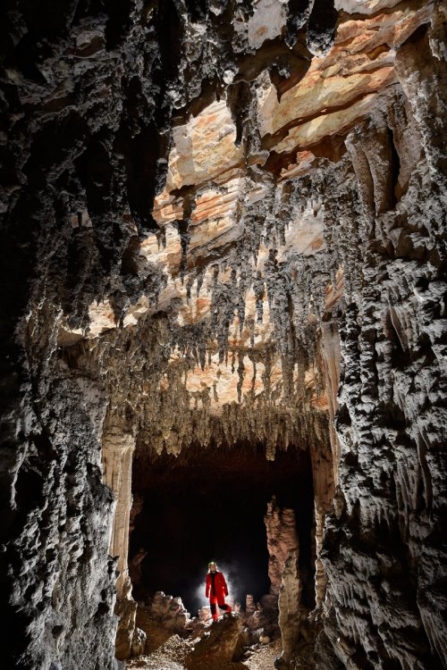 Dimnice Jama (Slovénie) - Petite galerie avec plafond orange et stalactites grises (spéléo en fond)(SP-17-0493)
