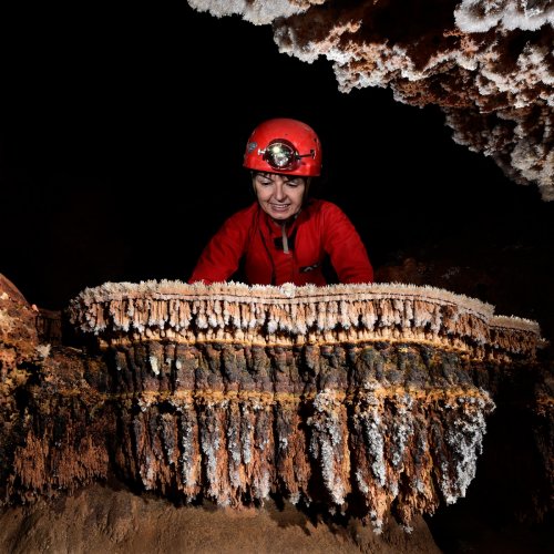 Grotte de Clamouse - Cristaux qui se sont formés dans un gour maintenant asséché. Les "tranches" de cristallisation correspondent à des niveaux d'eau (avec spéléo pour donner l'échelle). Des cristaux d'aragonite se développent sur des baguettes (pool fingers).(SP-17-0531)