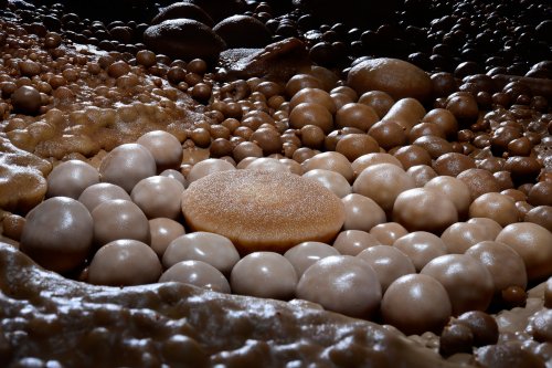 Balme del Pastre (Aveyron) - Nid de petites perles des cavernes blanches avec une "toupie" marron au milieu (vue latérale)(SP-18-0099)